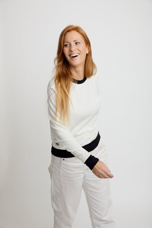 White Insanely Soft Crew Neck Sweater with Black Trim
